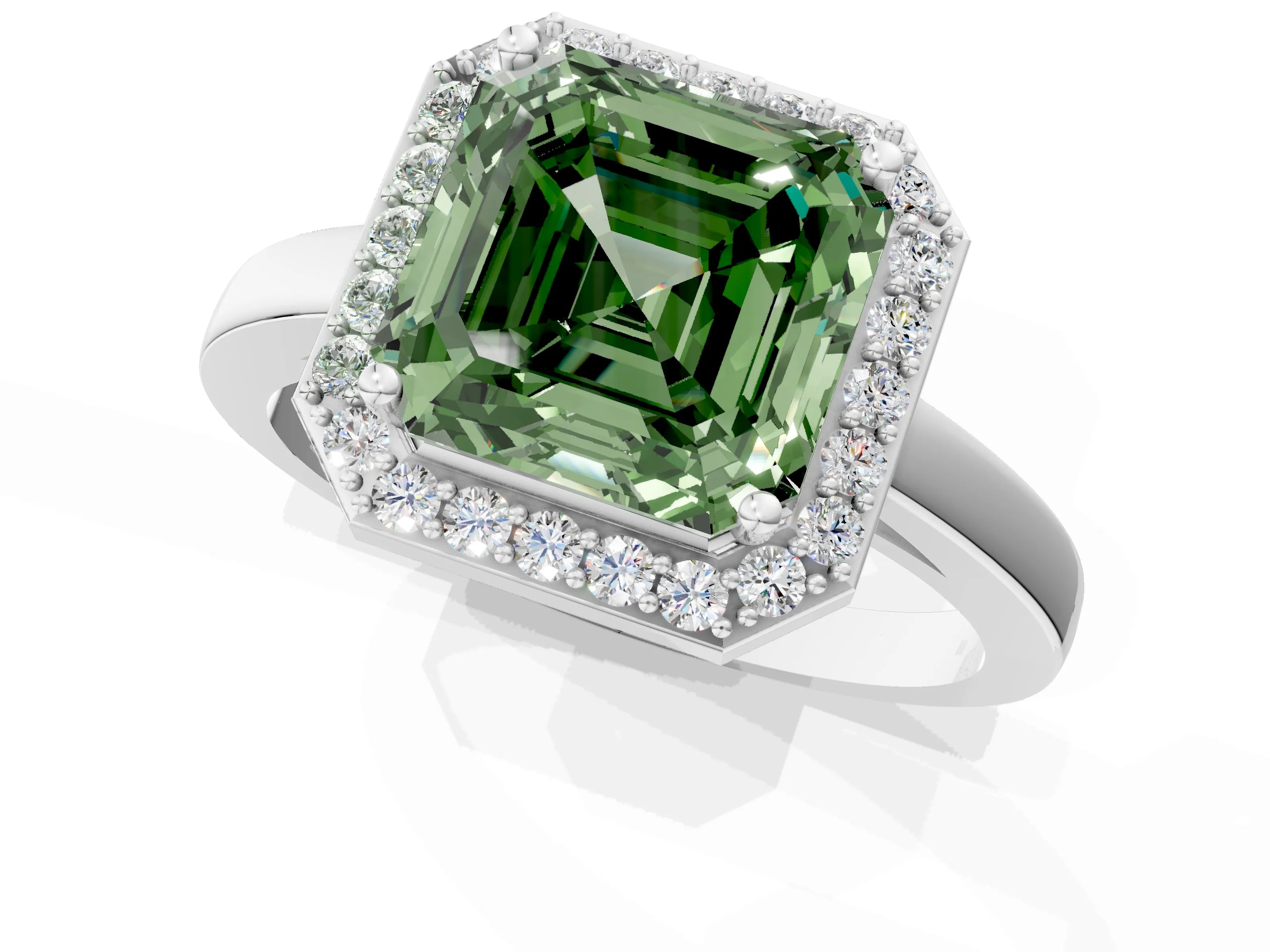 White gold Fancy Green Asscher Cut Halo Diamond Ring with Solitaire Band and Prong Setting_1