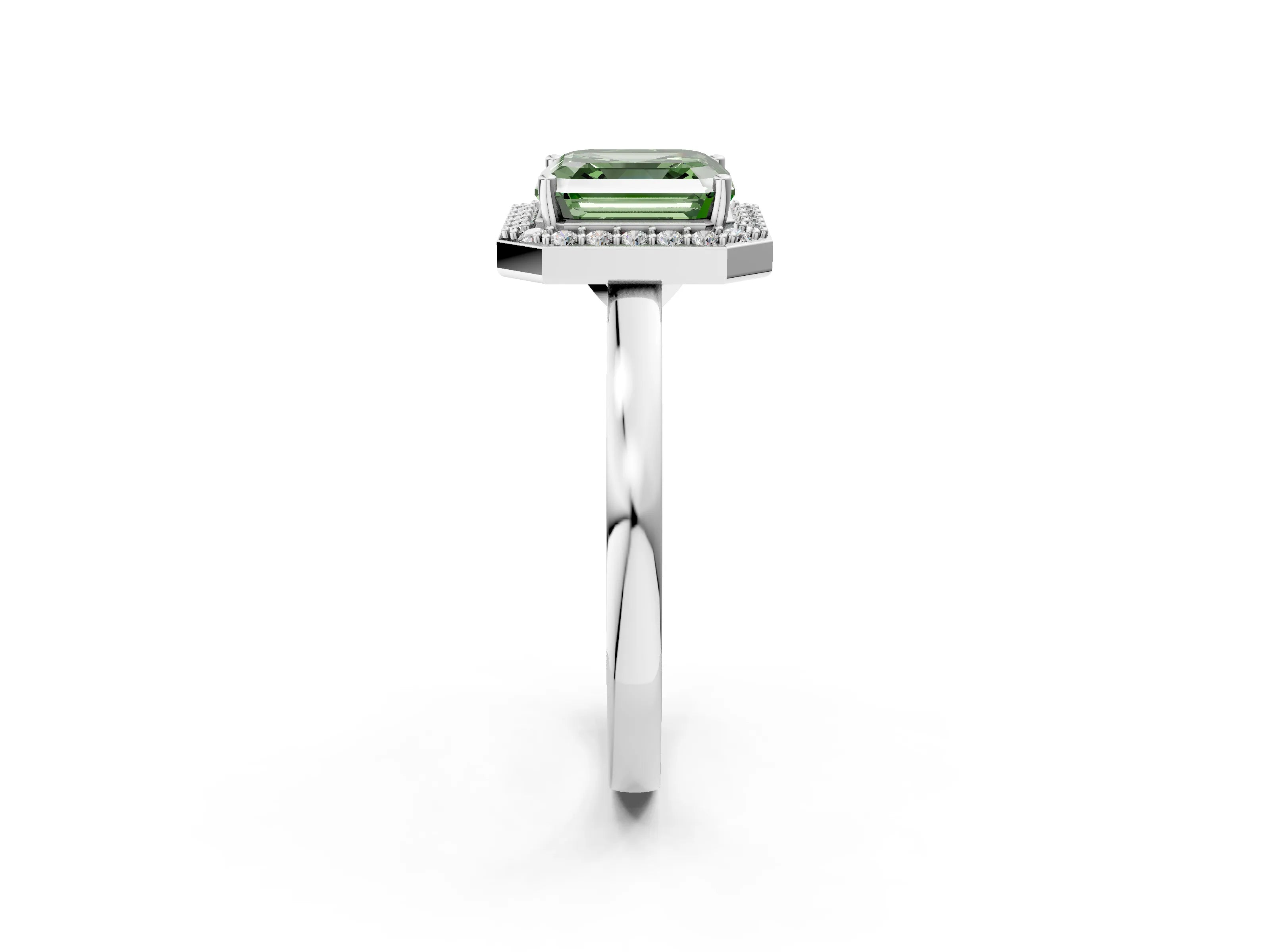 White gold Fancy Green Asscher Cut Halo Diamond Ring with Solitaire Band and Prong Setting_2