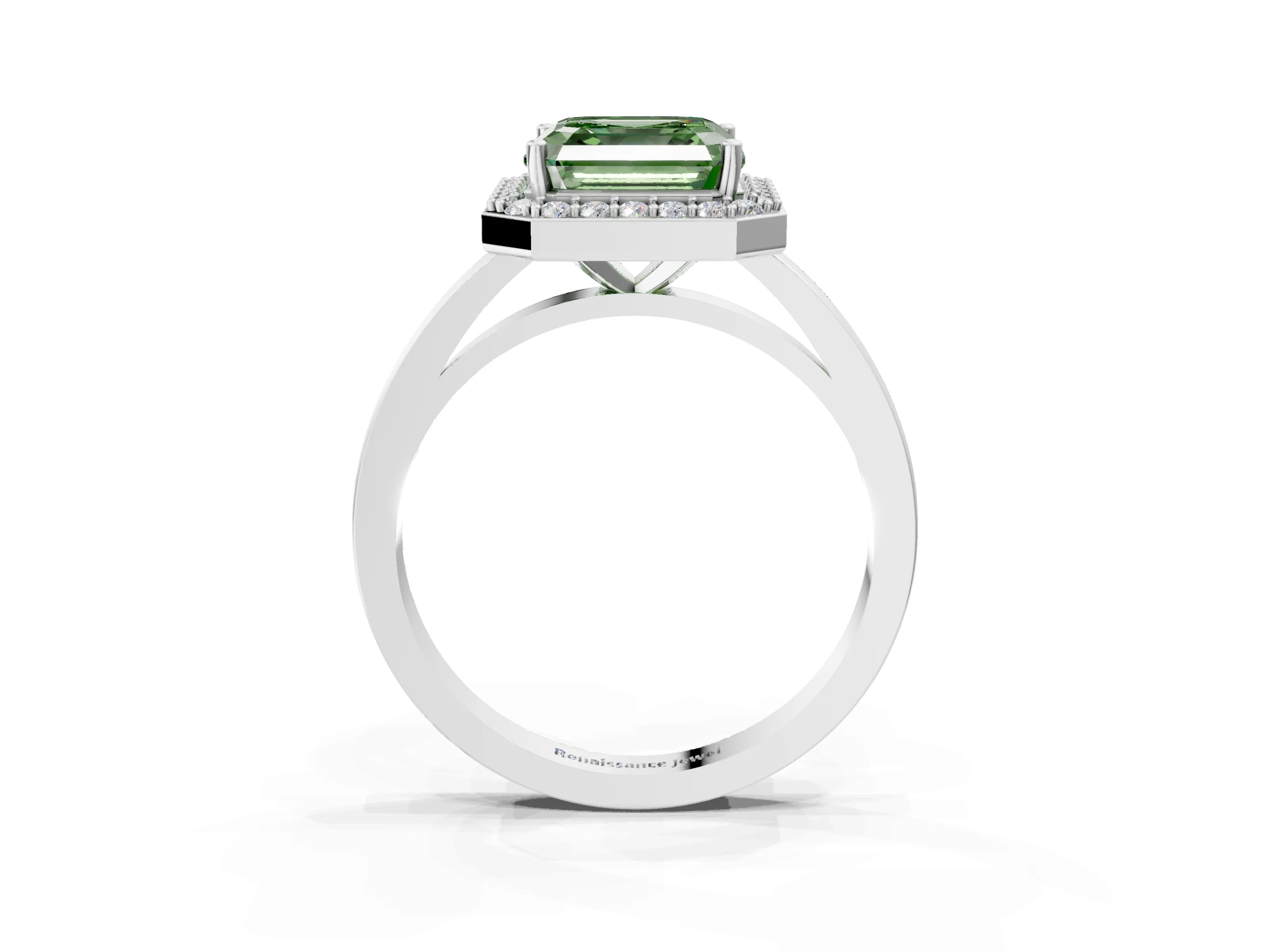 White gold Fancy Green Asscher Cut Halo Diamond Ring with Solitaire Band and Prong Setting_3