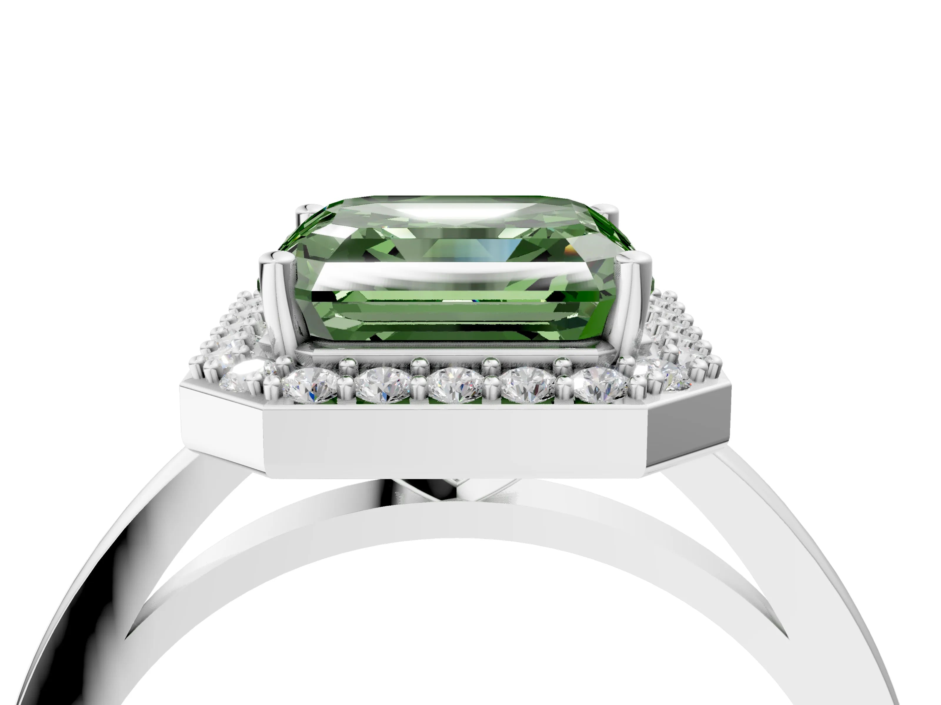 White gold Fancy Green Asscher Cut Halo Diamond Ring with Solitaire Band and Prong Setting_4