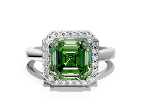 White gold Fancy Green Asscher Cut Halo Diamond Ring with Solitaire Band and Prong Setting