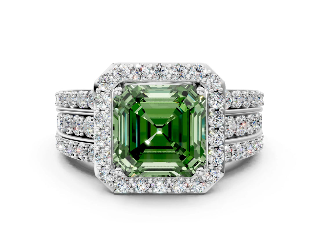 White gold Fancy Green Asscher Cut Halo Diamond Ring with Split Shank and Four-Prong Setting_34