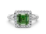 White gold Fancy Green Asscher Cut Halo Diamond Solitaire with Filigree Band and Four-Prong Setting