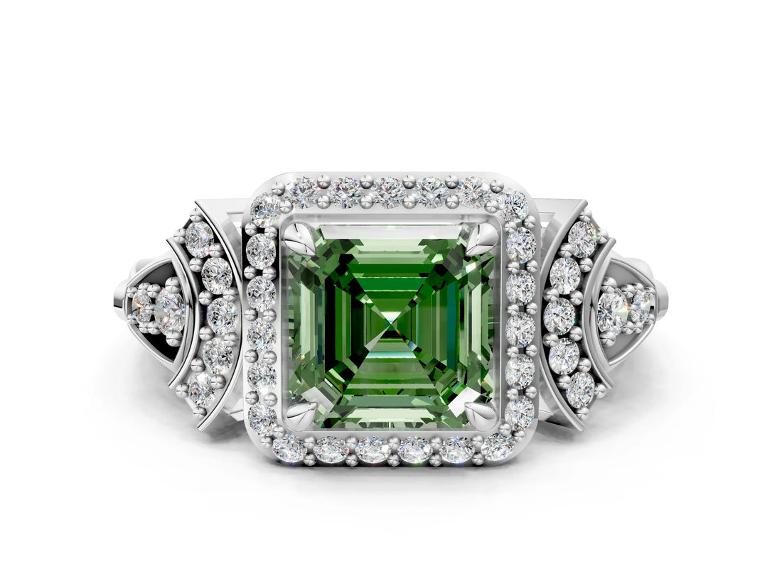 White gold Fancy Green Asscher Cut Halo Diamond Split Shank Engagement Ring with Four-Prong Setting