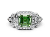 White gold Fancy Green Asscher Cut Halo Diamond Split Shank Engagement Ring with Four-Prong Setting