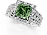 White gold Fancy Green Asscher Cut Halo Diamond Split Shank Ring with Prong Setting_1