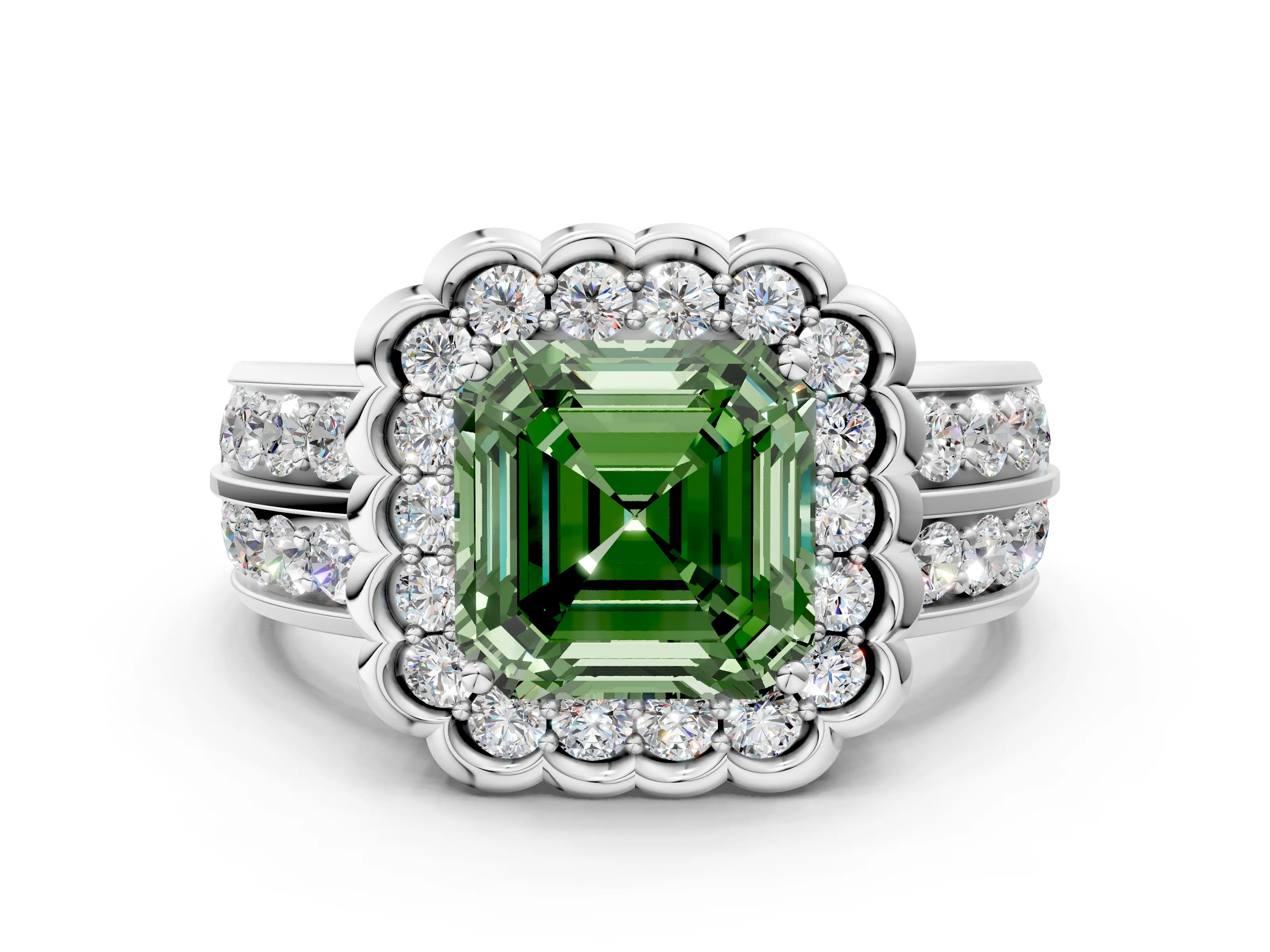White gold Fancy Green Asscher Cut Halo Diamond Split Shank Ring with Scalloped Prong Setting_12