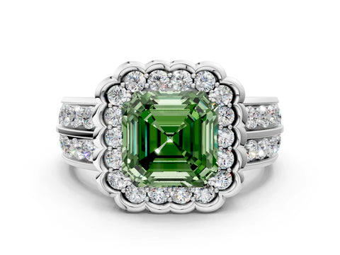 White gold Fancy Green Asscher Cut Halo Diamond Split Shank Ring with Scalloped Prong Setting_12