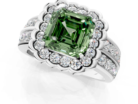White gold Fancy Green Asscher Cut Halo Diamond Split Shank Ring with Scalloped Prong Setting_13
