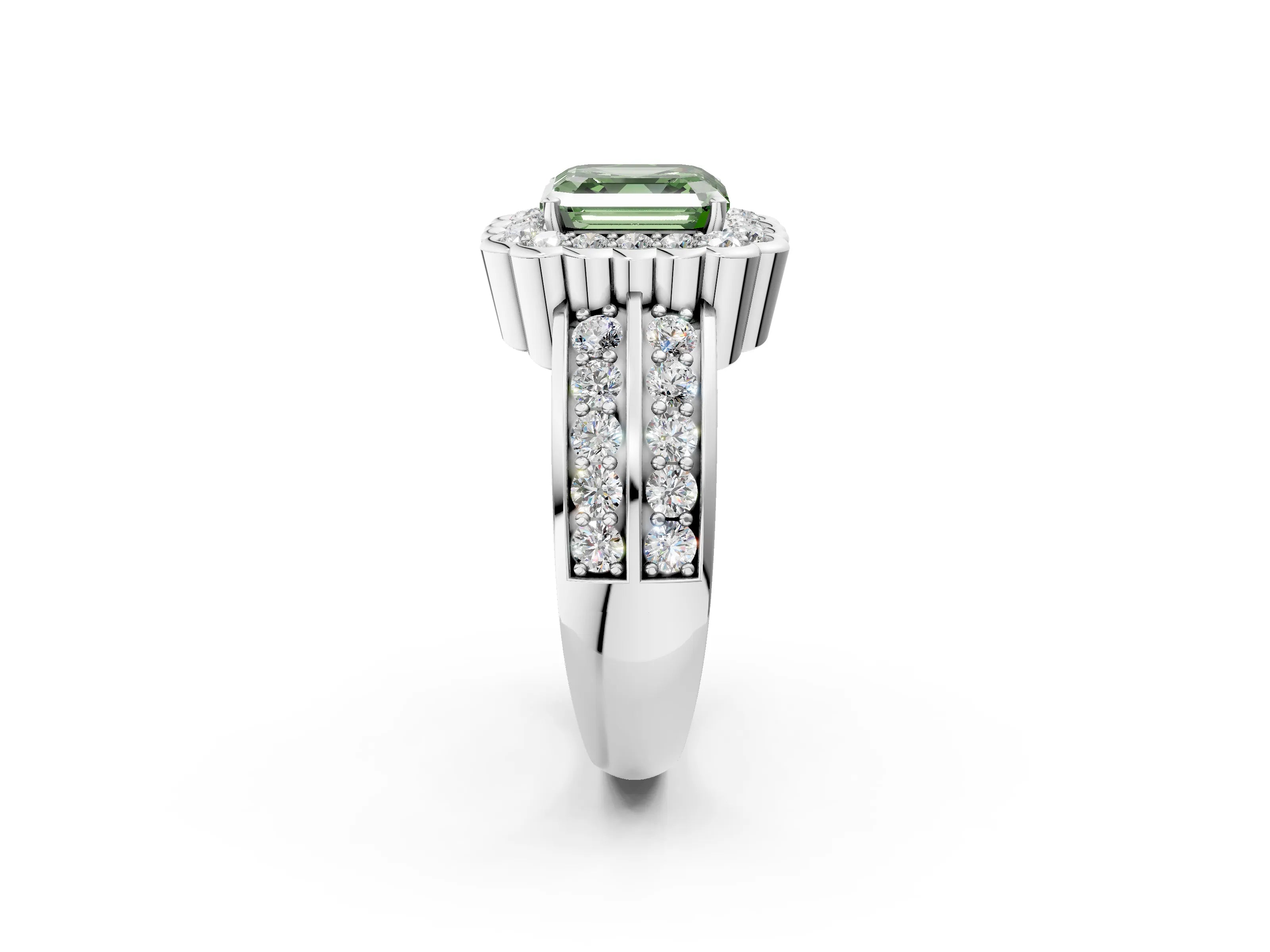 White gold Fancy Green Asscher Cut Halo Diamond Split Shank Ring with Scalloped Prong Setting_14