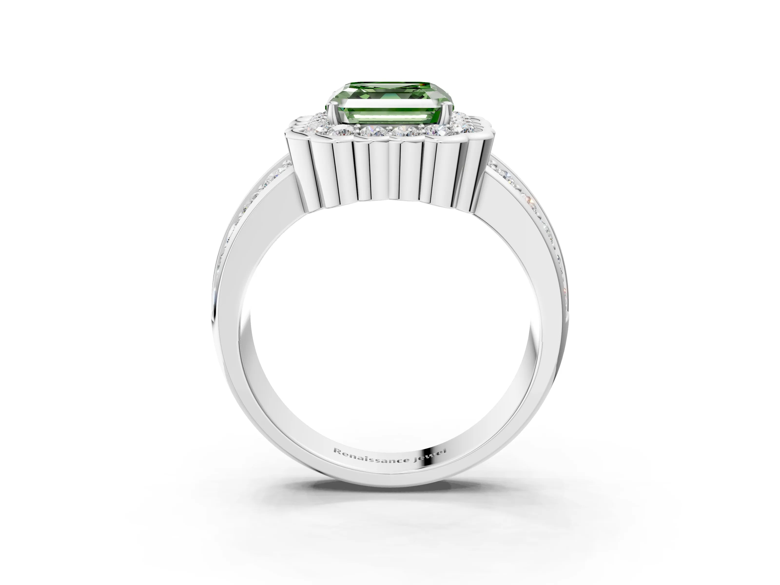 White gold Fancy Green Asscher Cut Halo Diamond Split Shank Ring with Scalloped Prong Setting_15