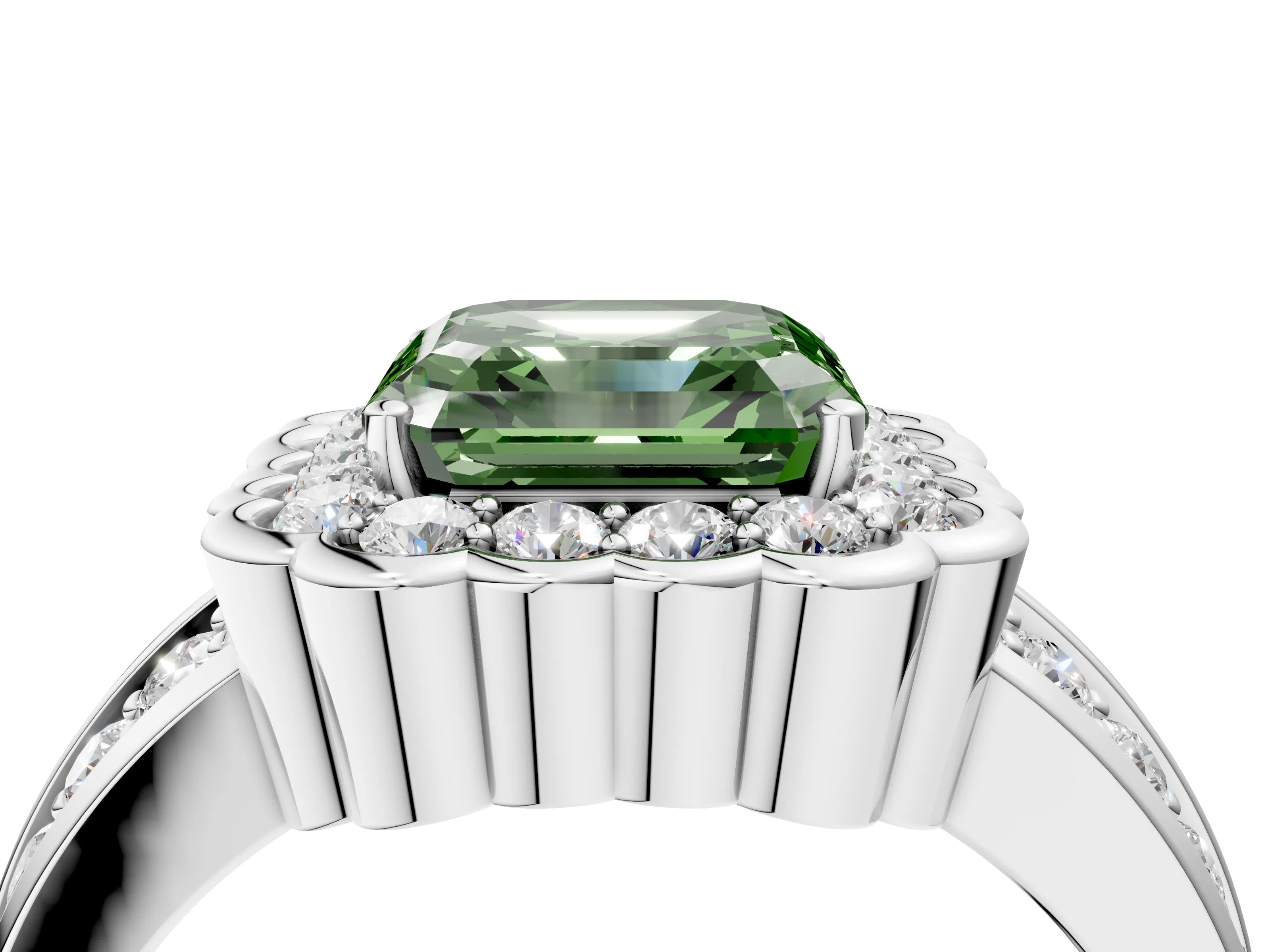 White gold Fancy Green Asscher Cut Halo Diamond Split Shank Ring with Scalloped Prong Setting_16