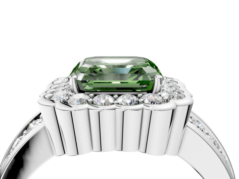 White gold Fancy Green Asscher Cut Halo Diamond Split Shank Ring with Scalloped Prong Setting_16