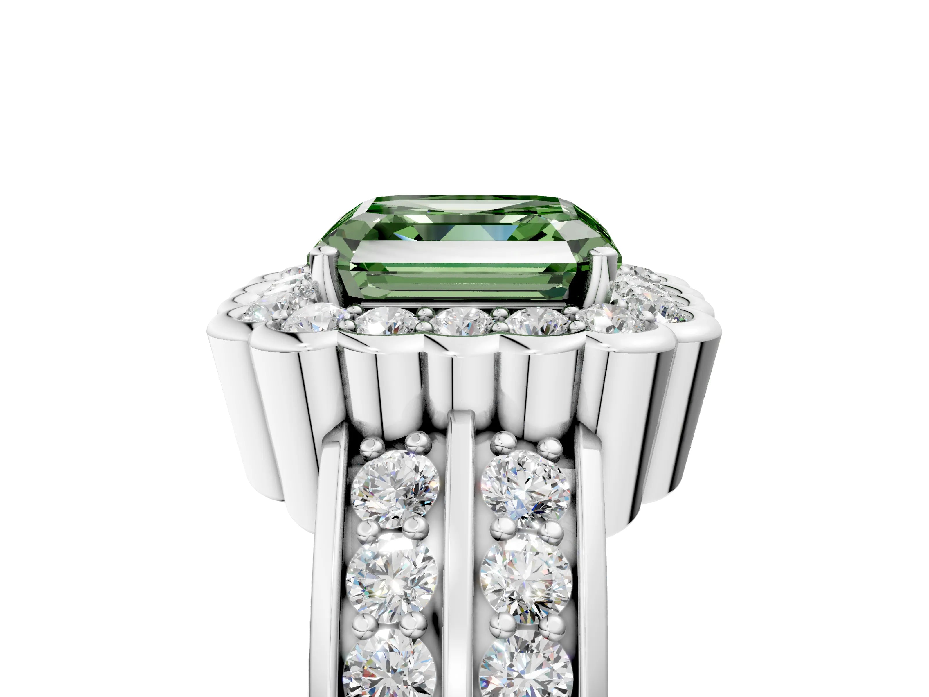 White gold Fancy Green Asscher Cut Halo Diamond Split Shank Ring with Scalloped Prong Setting_17