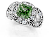 White gold Fancy Green Asscher Cut Halo Milgrain Diamond Engagement Ring with Leaf Band and Four-Prong Setting_1