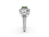 White gold Fancy Green Asscher Cut Halo Milgrain Diamond Engagement Ring with Leaf Band and Four-Prong Setting_2