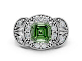 White gold Fancy Green Asscher Cut Halo Milgrain Diamond Engagement Ring with Leaf Band and Four-Prong Setting