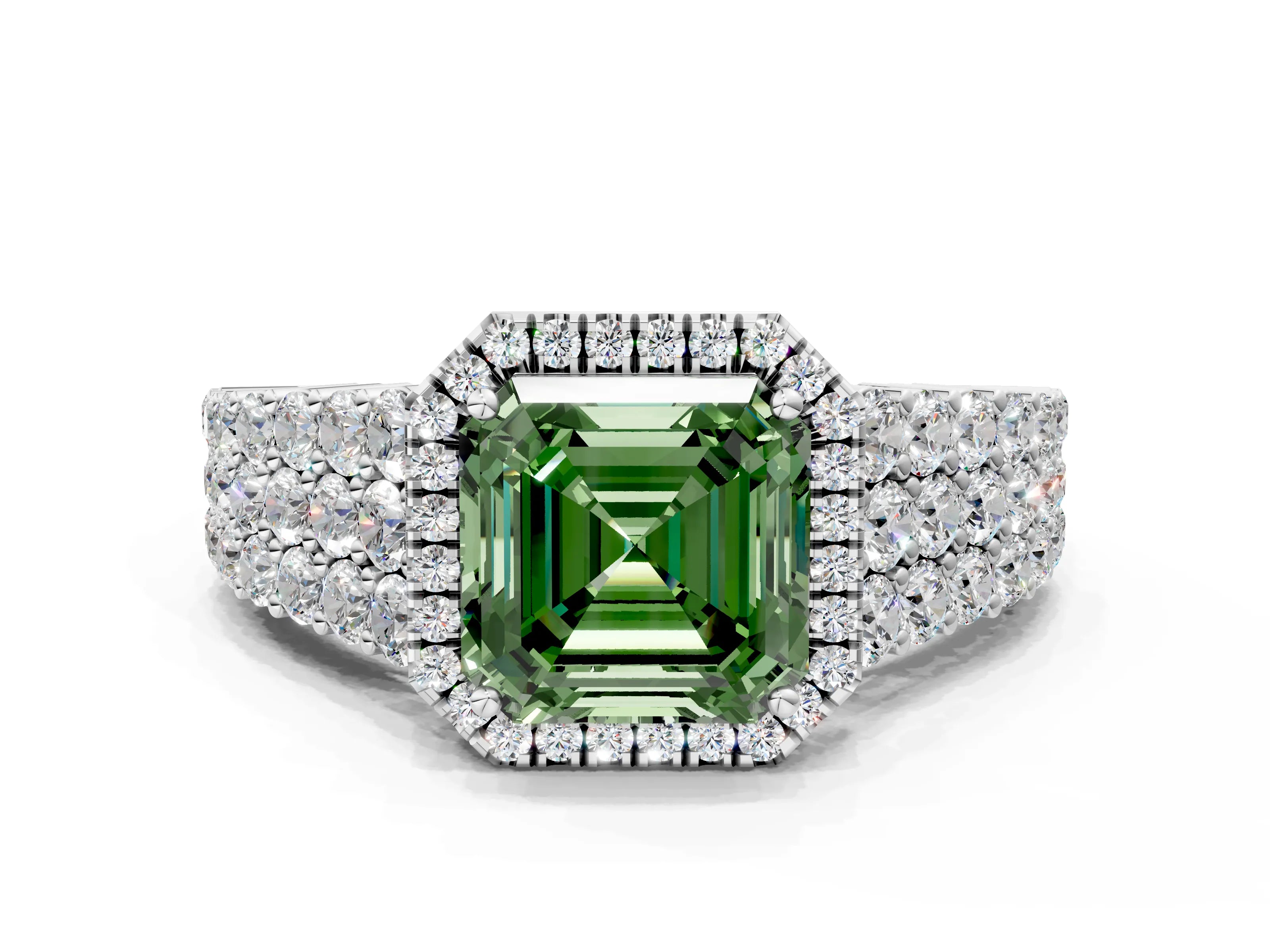 White gold Fancy Green Asscher Cut Halo Pavé Diamond Engagement Ring with Split Shank and Four-Prong Setting_3