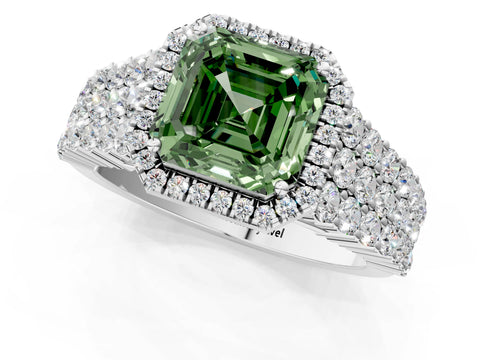 White gold Fancy Green Asscher Cut Halo Pavé Diamond Engagement Ring with Split Shank and Four-Prong Setting_4