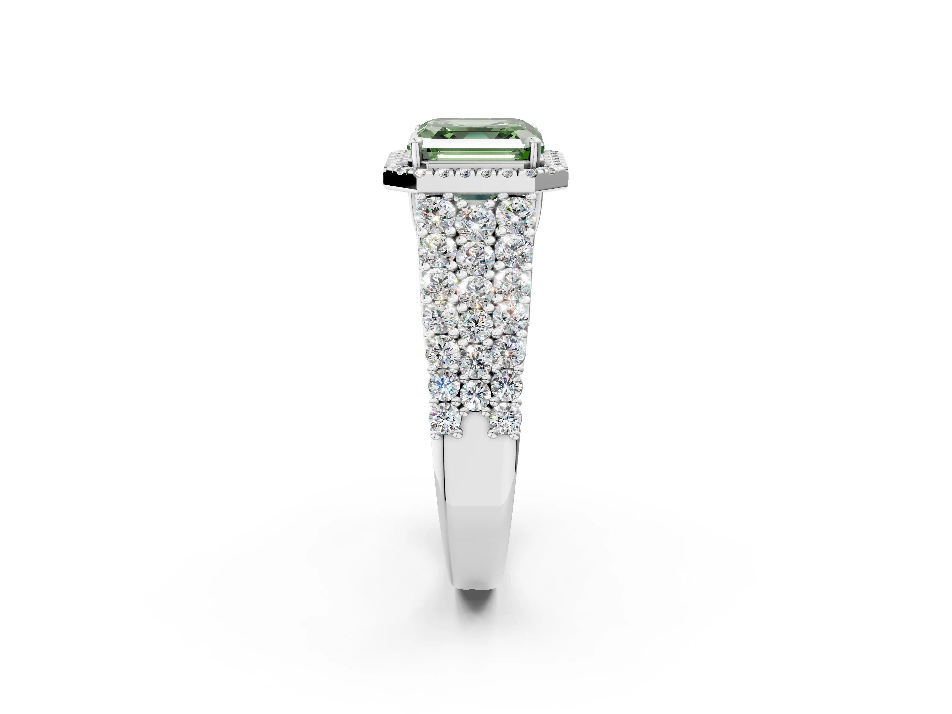 White gold Fancy Green Asscher Cut Halo Pavé Diamond Engagement Ring with Split Shank and Four-Prong Setting_5