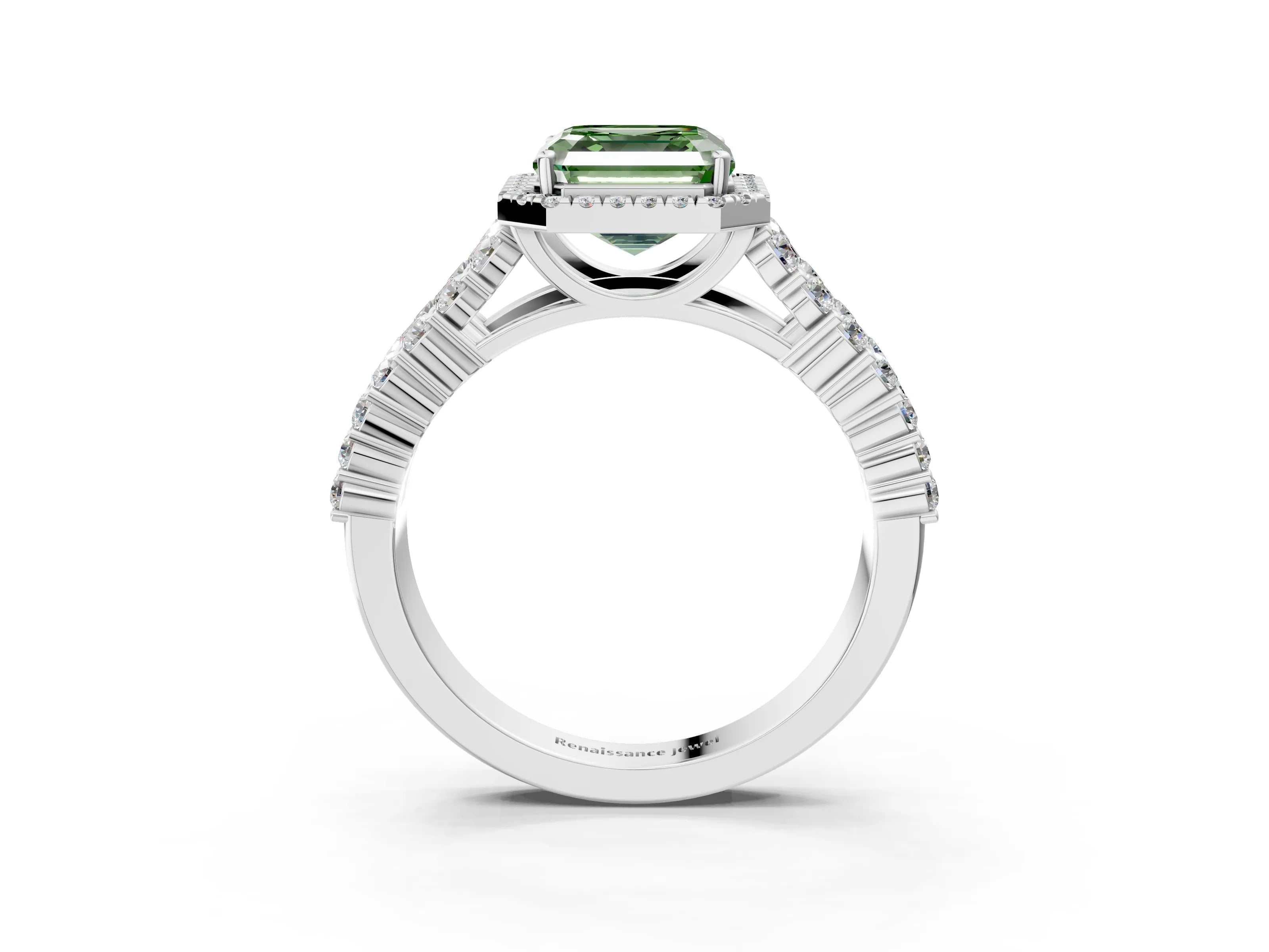White gold Fancy Green Asscher Cut Halo Pavé Diamond Engagement Ring with Split Shank and Four-Prong Setting_6
