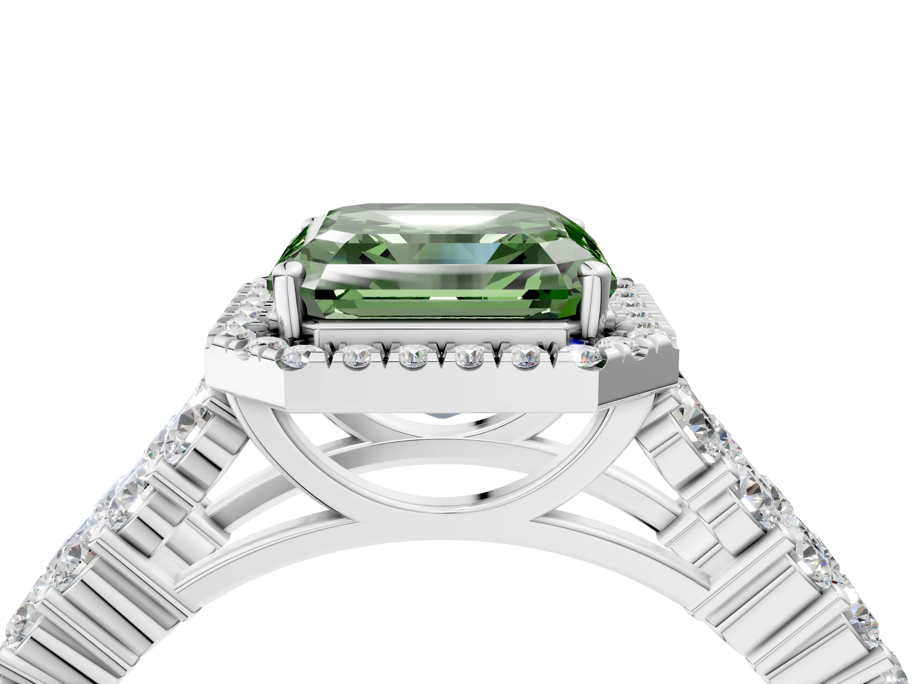 White gold Fancy Green Asscher Cut Halo Pavé Diamond Engagement Ring with Split Shank and Four-Prong Setting_7