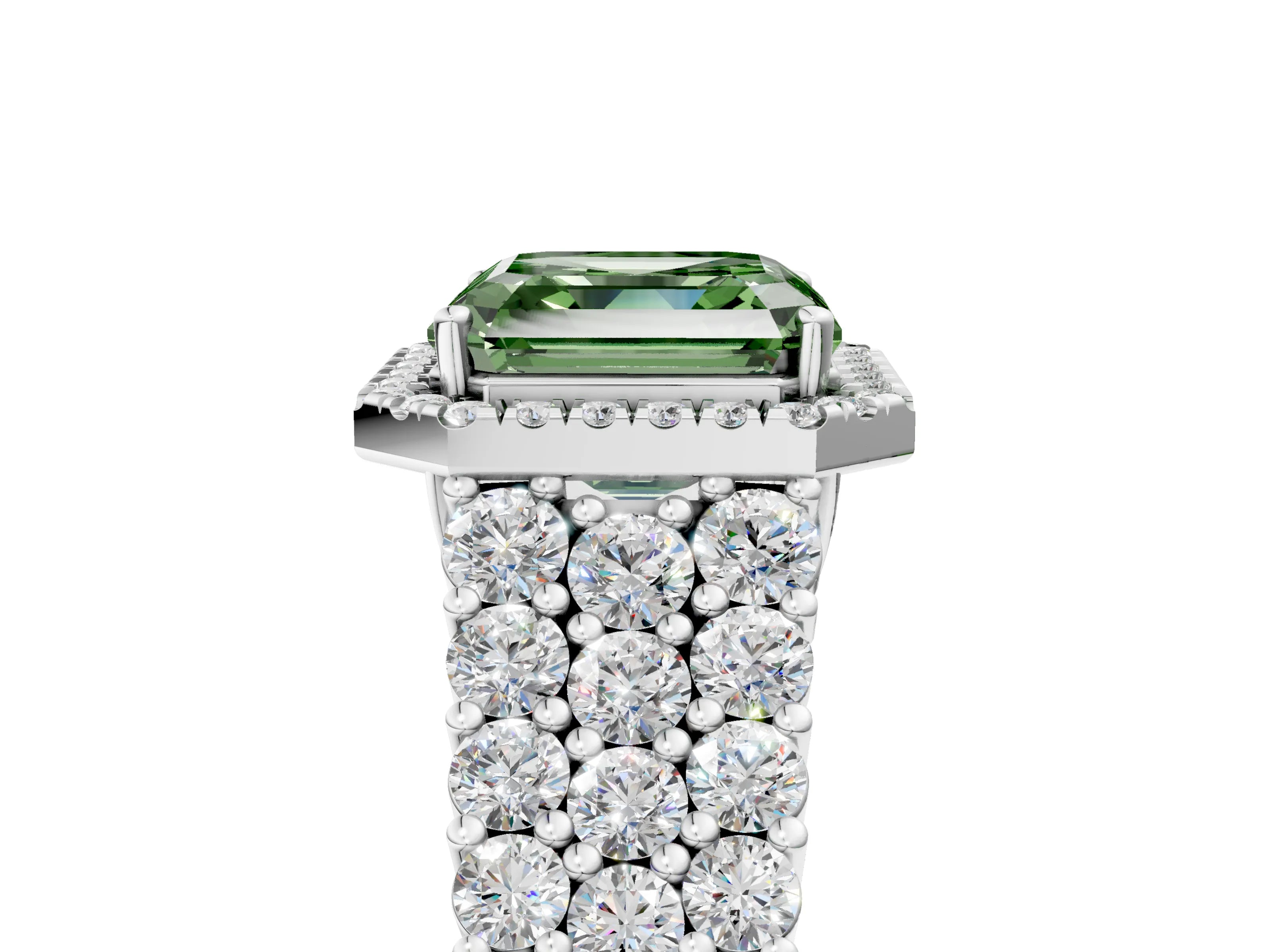White gold Fancy Green Asscher Cut Halo Pavé Diamond Engagement Ring with Split Shank and Four-Prong Setting_8