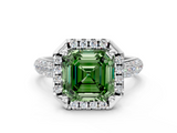 White gold Fancy Green Asscher  Cut Halo Pave Band Four-Prong Setting Ring