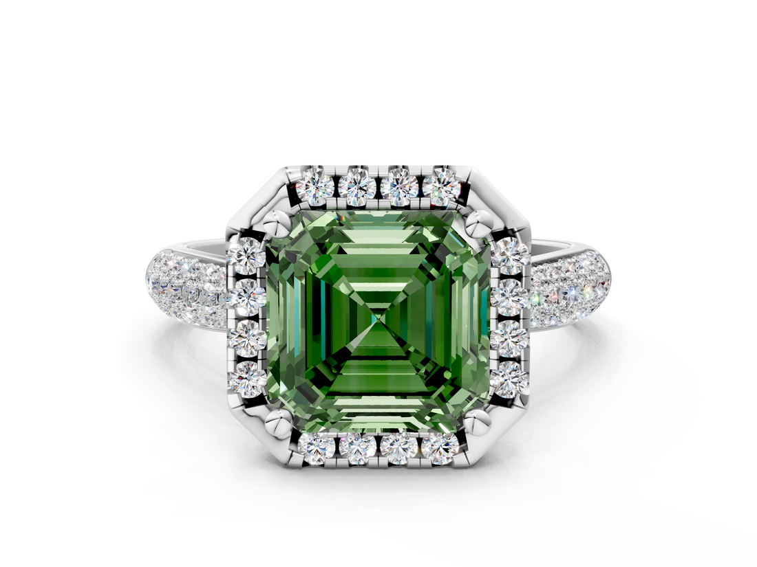 White gold Fancy Green Asscher  Cut Halo Pave Band Four-Prong Setting Ring