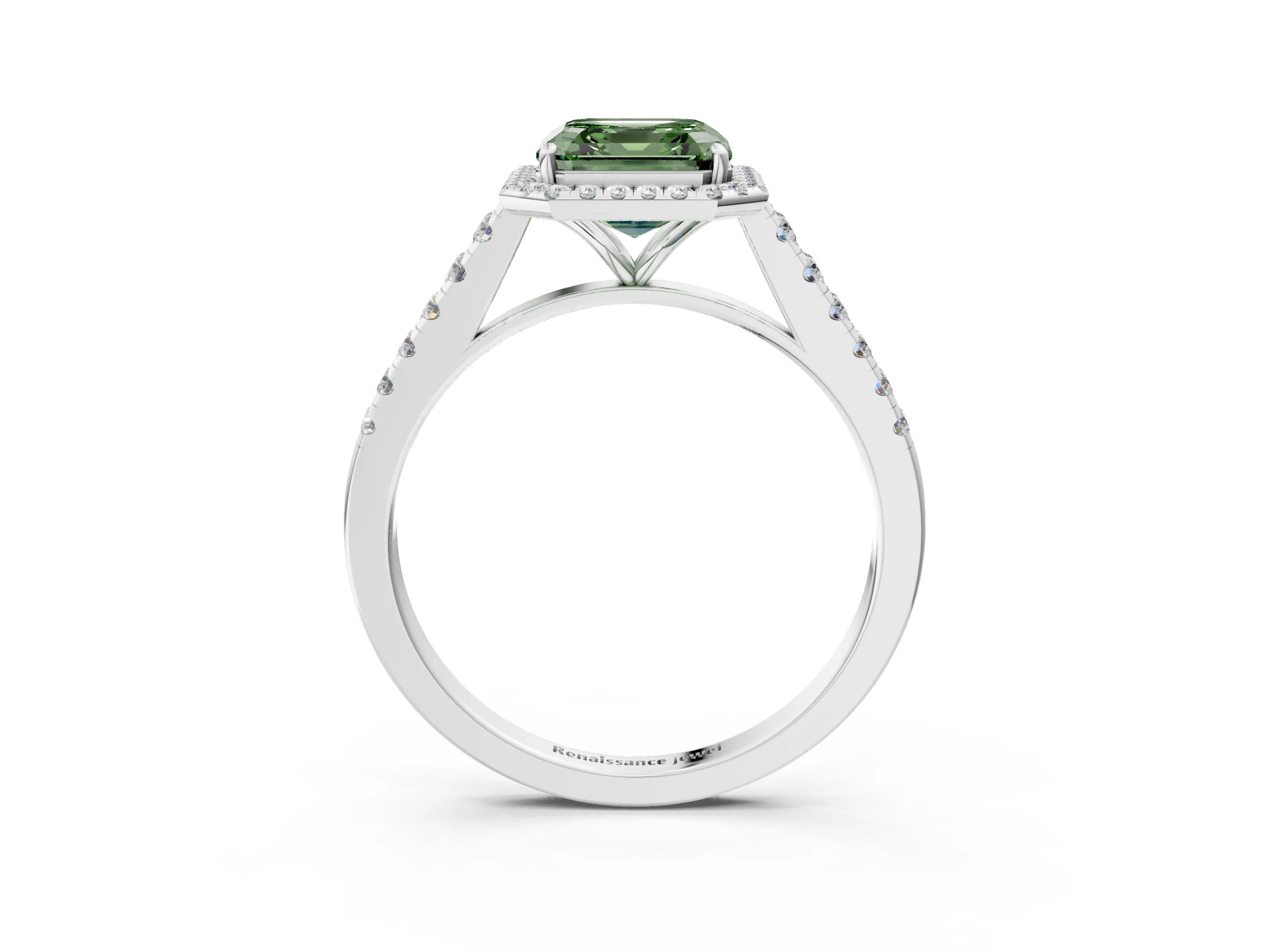 White gold Fancy Green Asscher Cut Halo Pave Diamond Engagement Ring with Four-Prong Setting_15