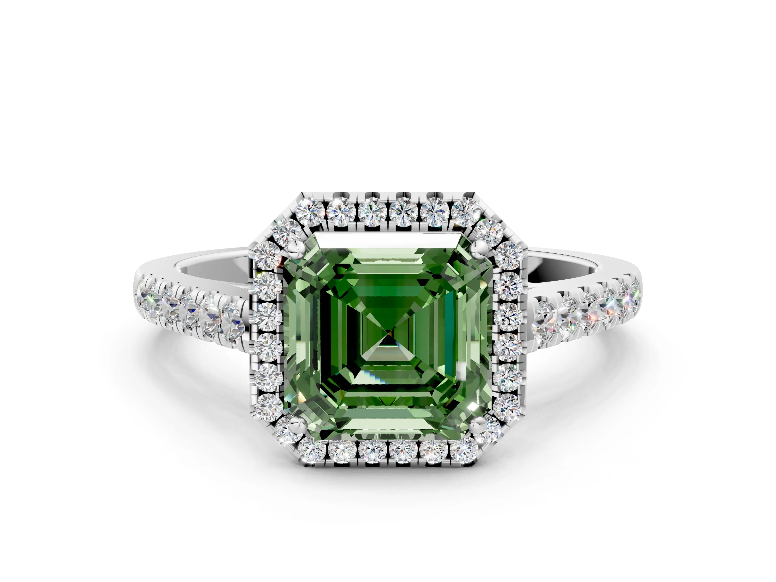 White gold Fancy Green Asscher Cut Halo Pave Diamond Engagement Ring with Four-Prong Setting_21