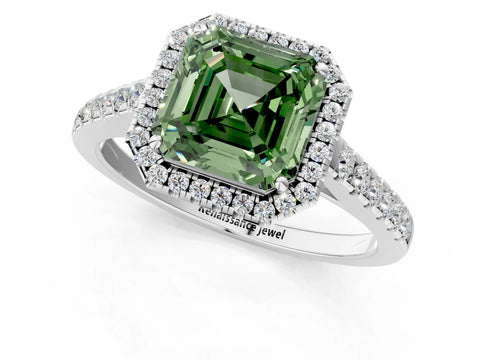 White gold Fancy Green Asscher Cut Halo Pave Diamond Engagement Ring with Four-Prong Setting_22