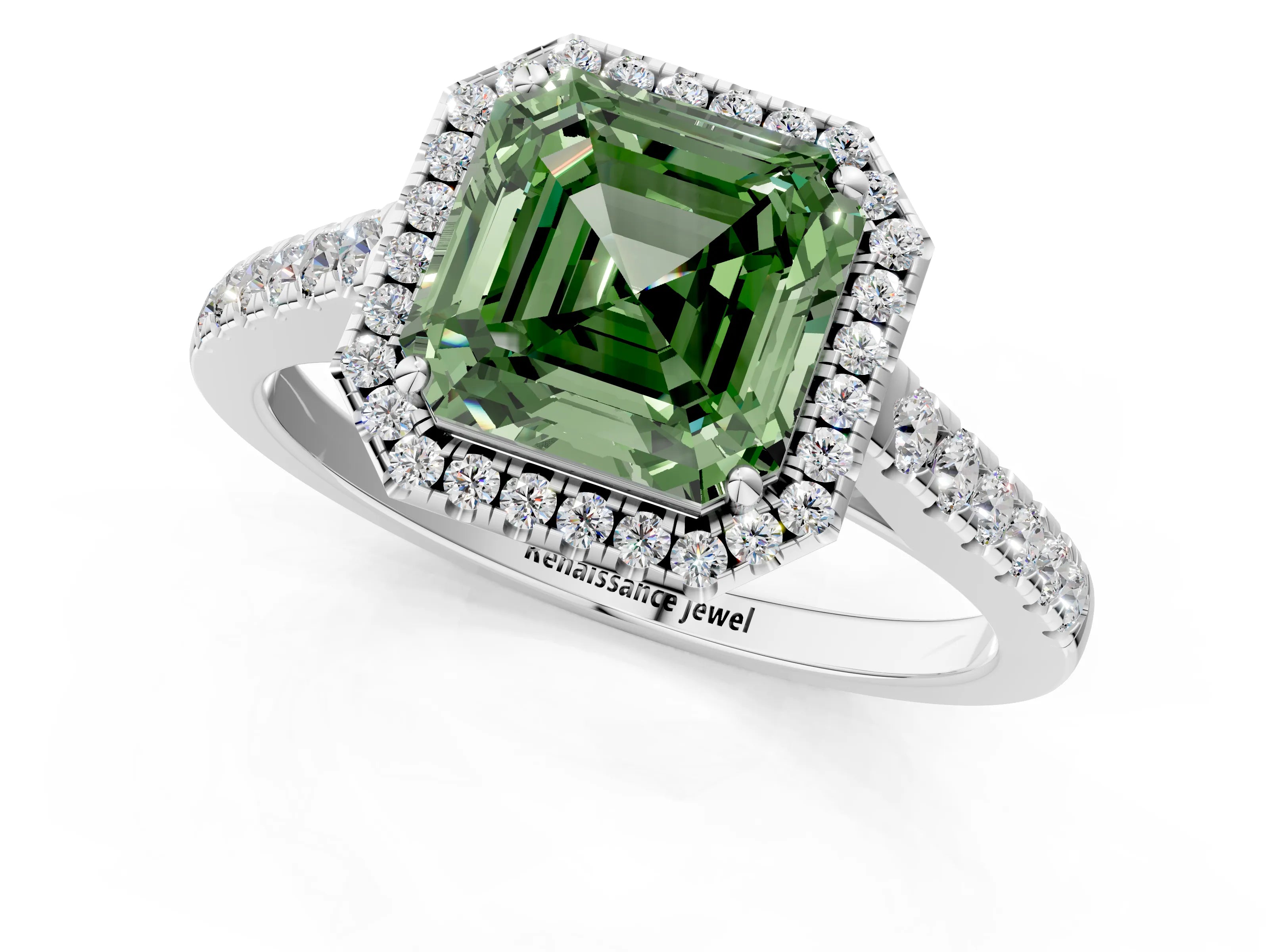 White gold Fancy Green Asscher Cut Halo Pave Diamond Engagement Ring with Four-Prong Setting_25