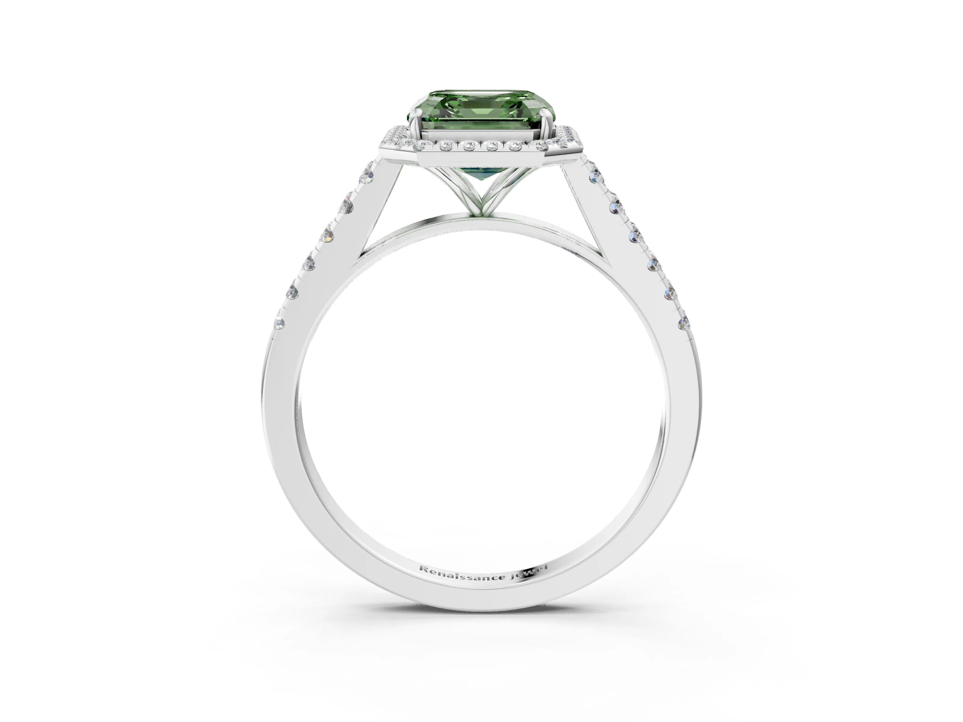 White gold Fancy Green Asscher Cut Halo Pave Diamond Engagement Ring with Four-Prong Setting_27