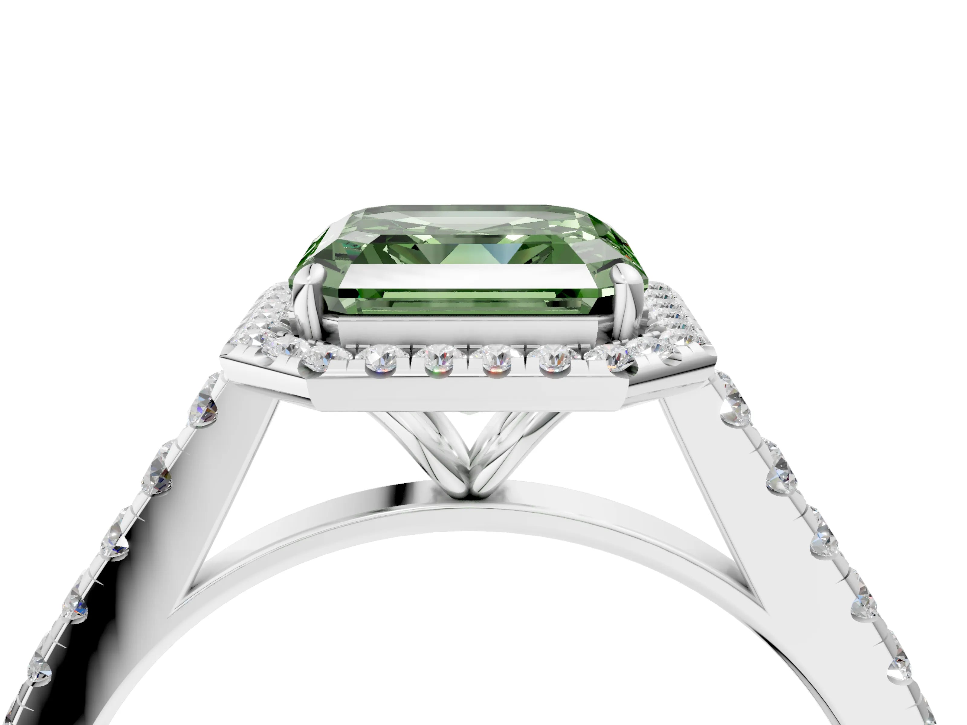 White gold Fancy Green Asscher Cut Halo Pave Diamond Engagement Ring with Four-Prong Setting_28