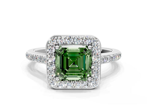 White gold Fancy Green Asscher Cut Halo Round Diamond Pavé Band with Four-Prong Setting_15