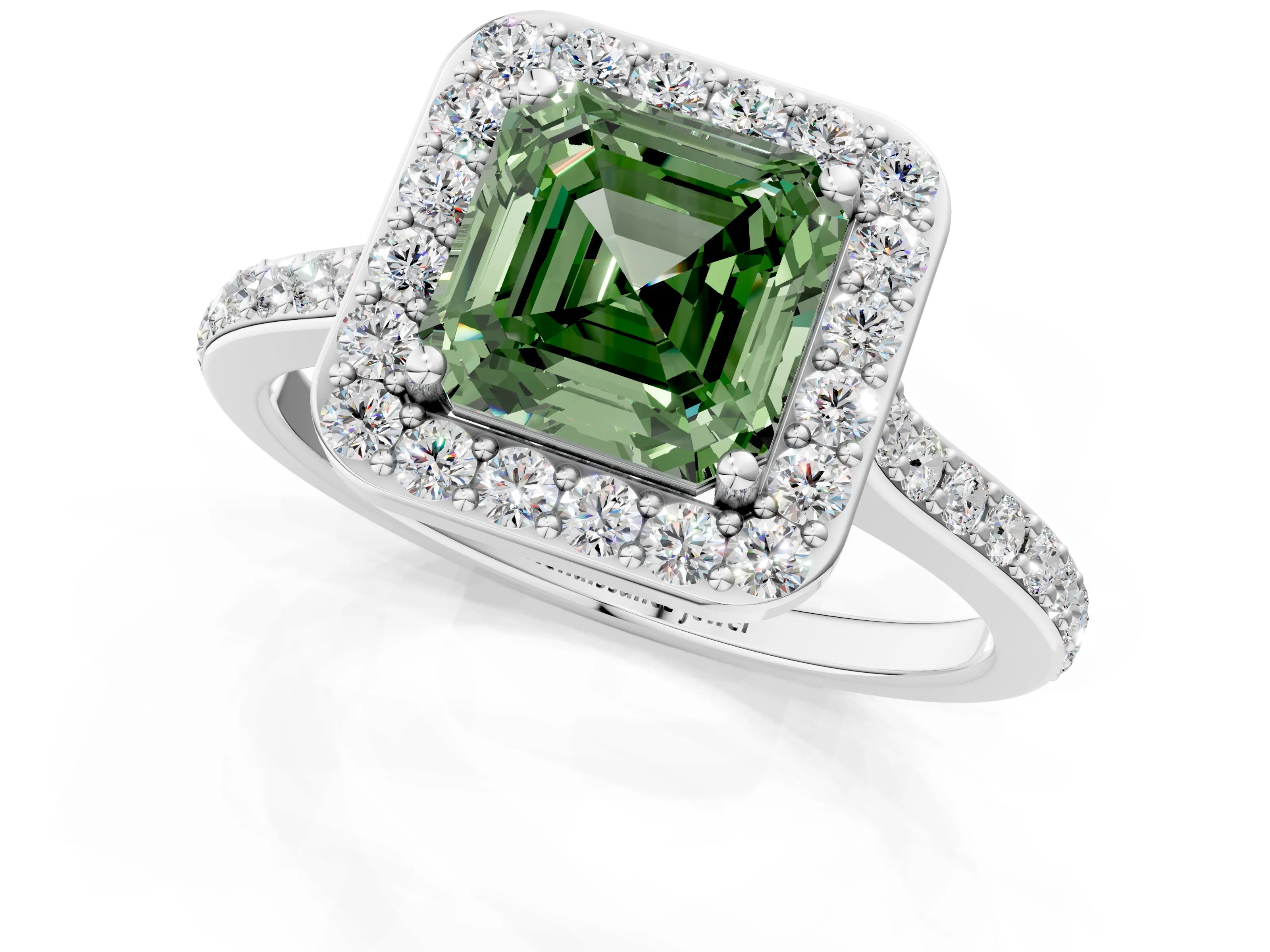 White gold Fancy Green Asscher Cut Halo Round Diamond Pavé Band with Four-Prong Setting_16
