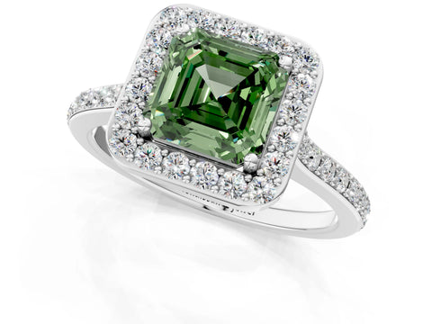 White gold Fancy Green Asscher Cut Halo Round Diamond Pavé Band with Four-Prong Setting_16