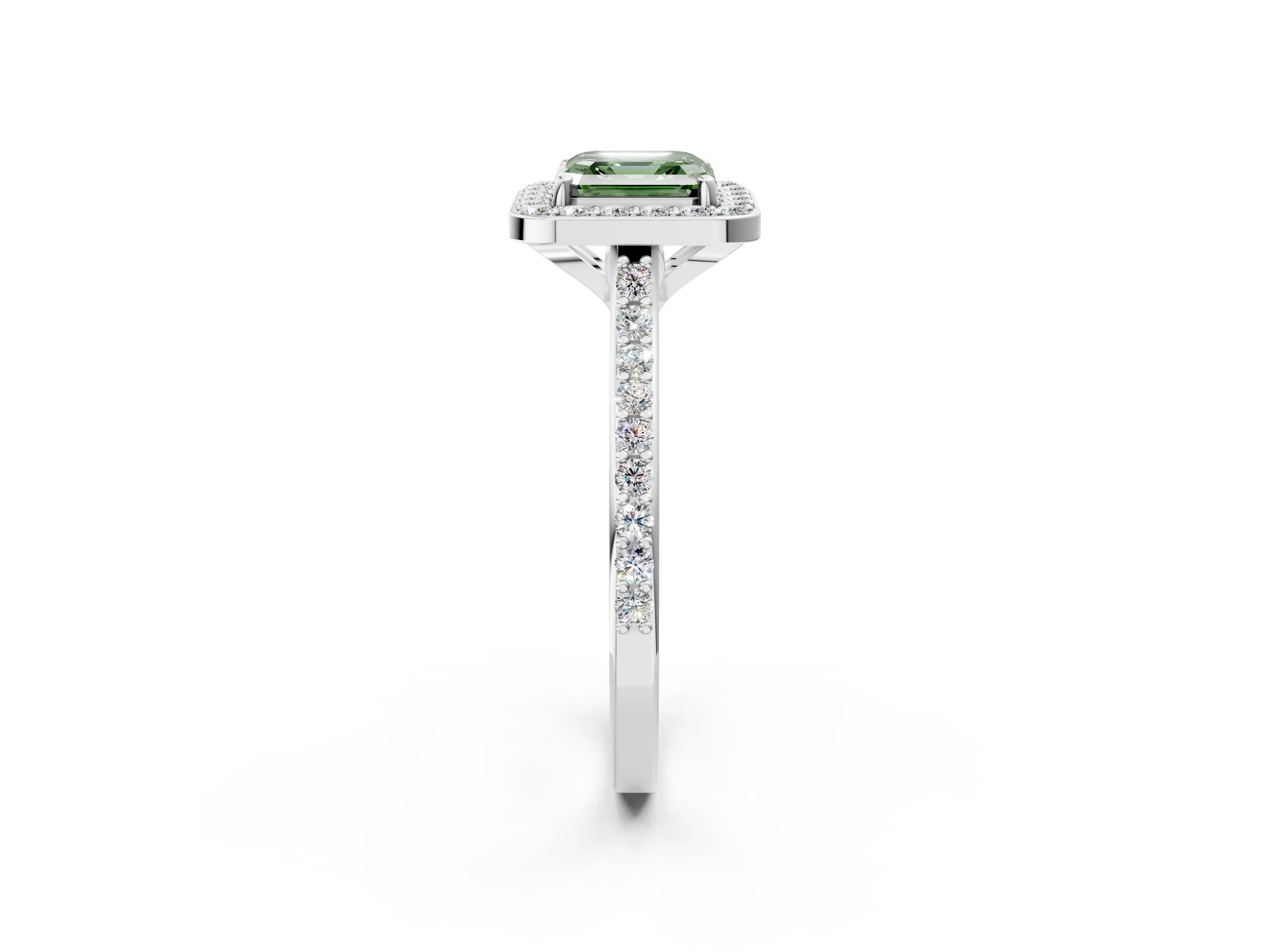 White gold Fancy Green Asscher Cut Halo Round Diamond Pavé Band with Four-Prong Setting_17