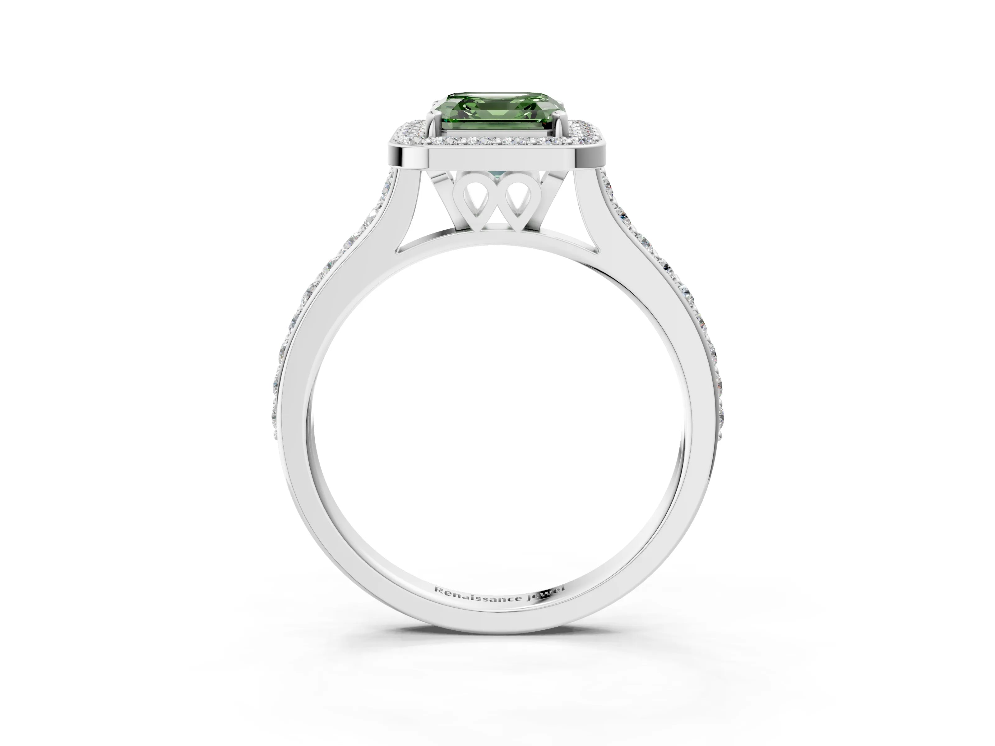 White gold Fancy Green Asscher Cut Halo Round Diamond Pavé Band with Four-Prong Setting_18
