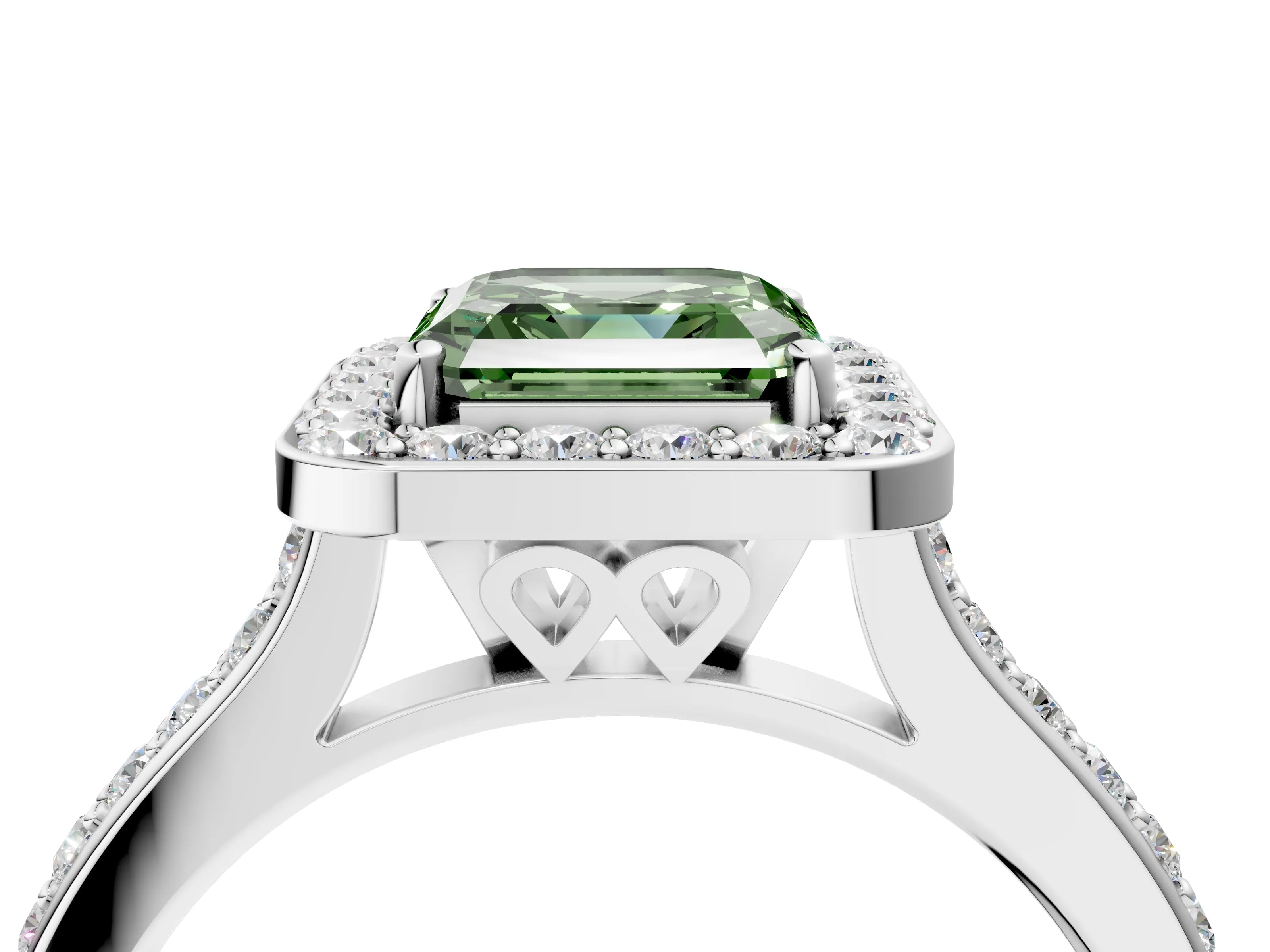White gold Fancy Green Asscher Cut Halo Round Diamond Pavé Band with Four-Prong Setting_19