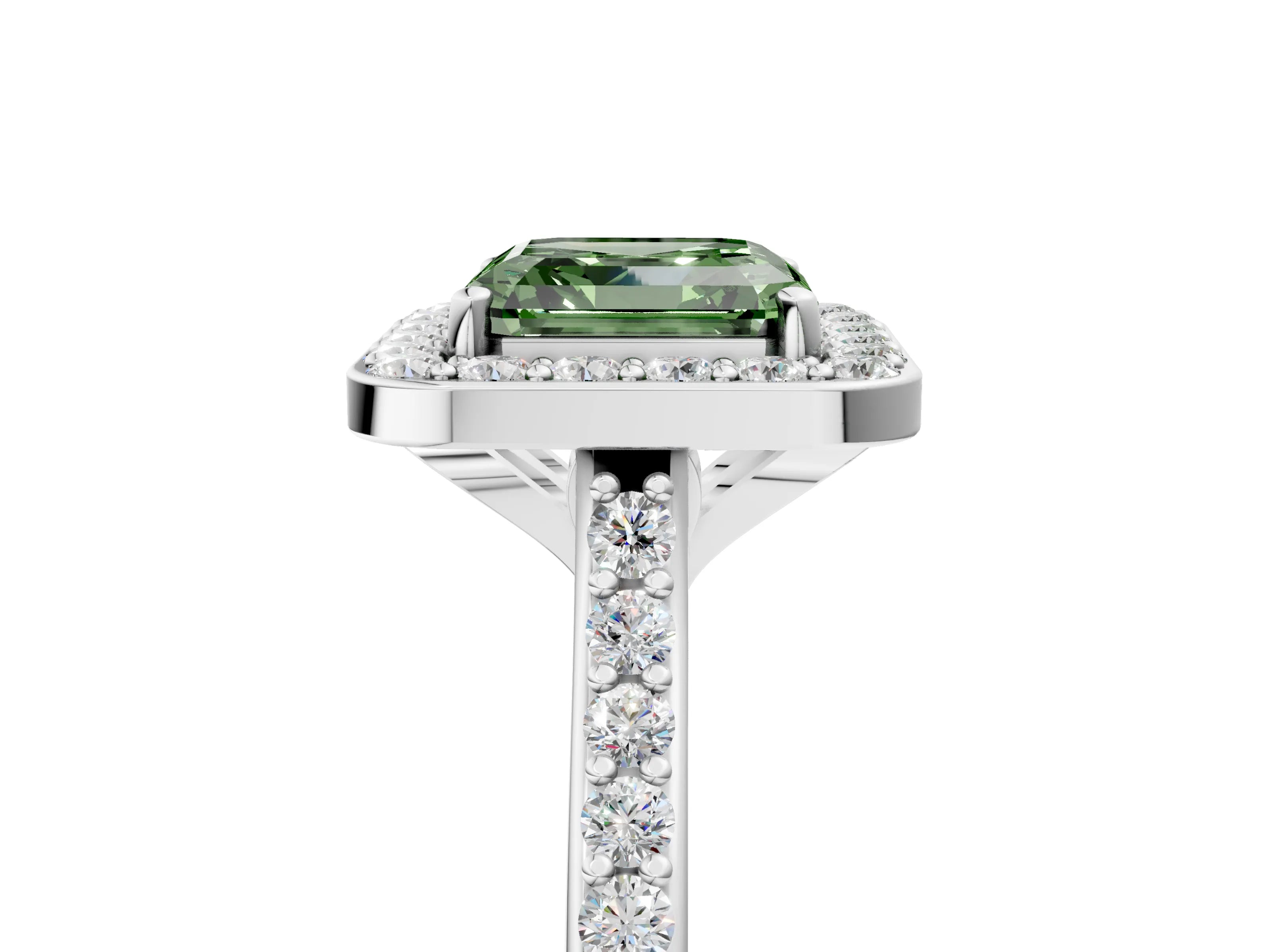 White gold Fancy Green Asscher Cut Halo Round Diamond Pavé Band with Four-Prong Setting_20