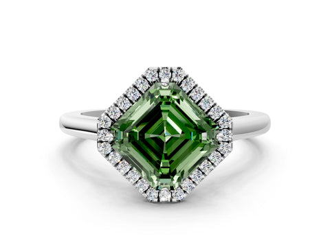 White gold Fancy Green Asscher Cut Halo Round Diamond Solitaire Engagement Ring with Pave Band and Four-Prong Setting_24