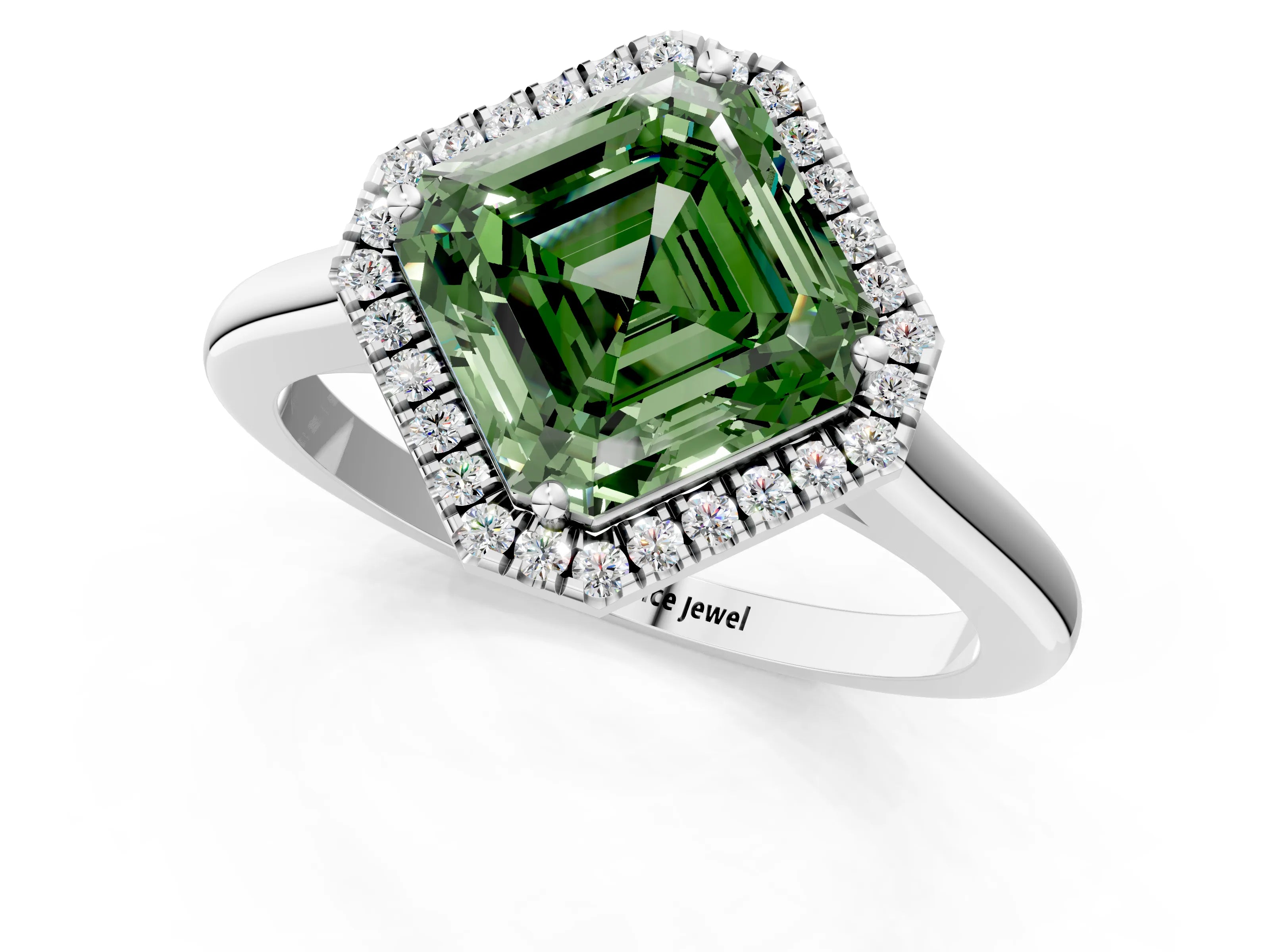 White gold Fancy Green Asscher Cut Halo Round Diamond Solitaire Engagement Ring with Pave Band and Four-Prong Setting_25