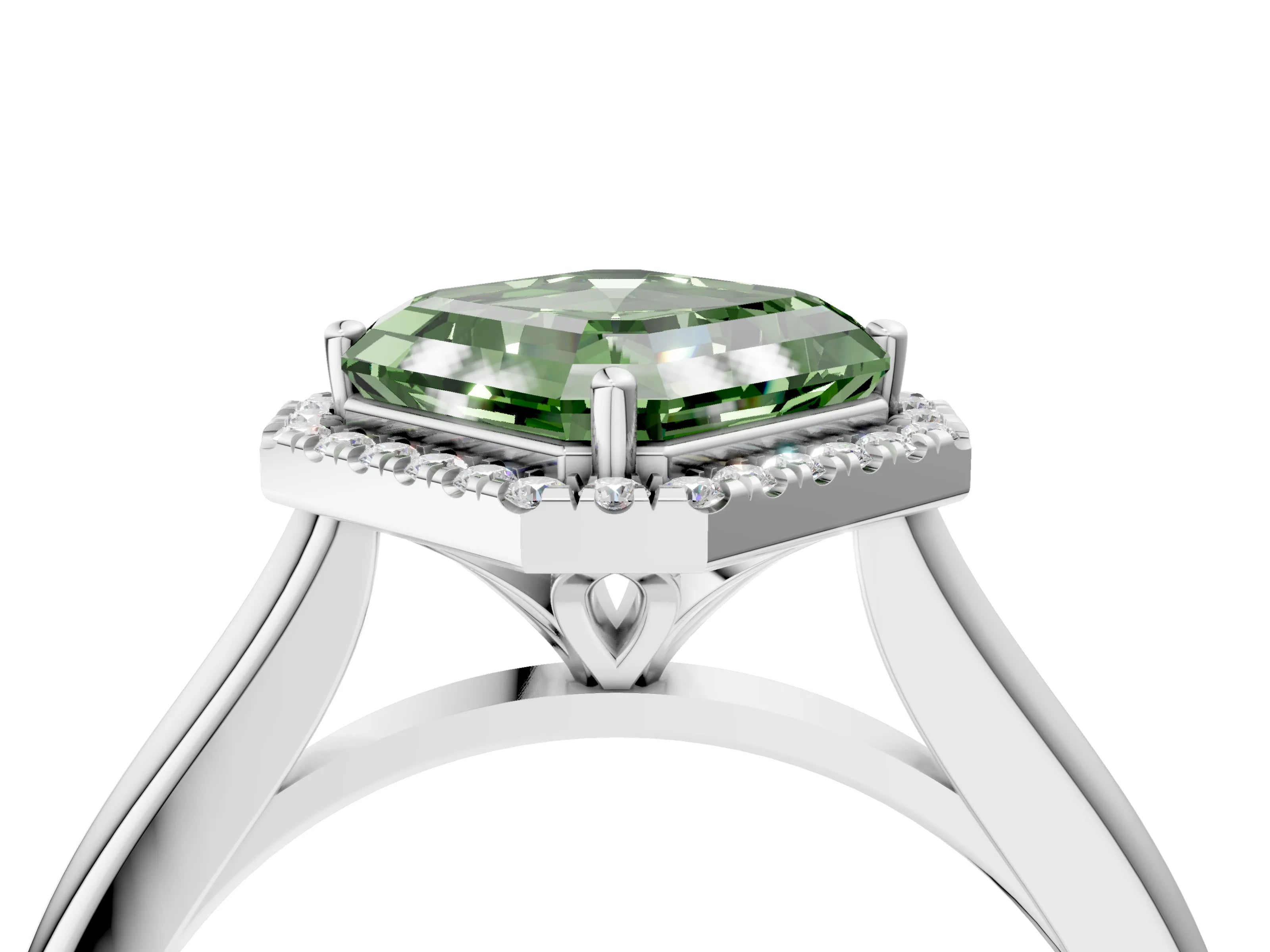 White gold Fancy Green Asscher Cut Halo Round Diamond Solitaire Engagement Ring with Pave Band and Four-Prong Setting_28