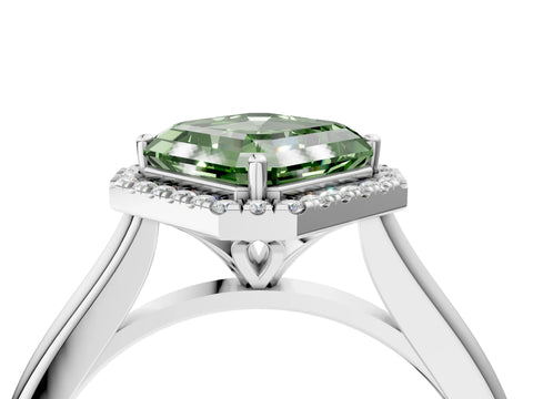 White gold Fancy Green Asscher Cut Halo Round Diamond Solitaire Engagement Ring with Pave Band and Four-Prong Setting_28