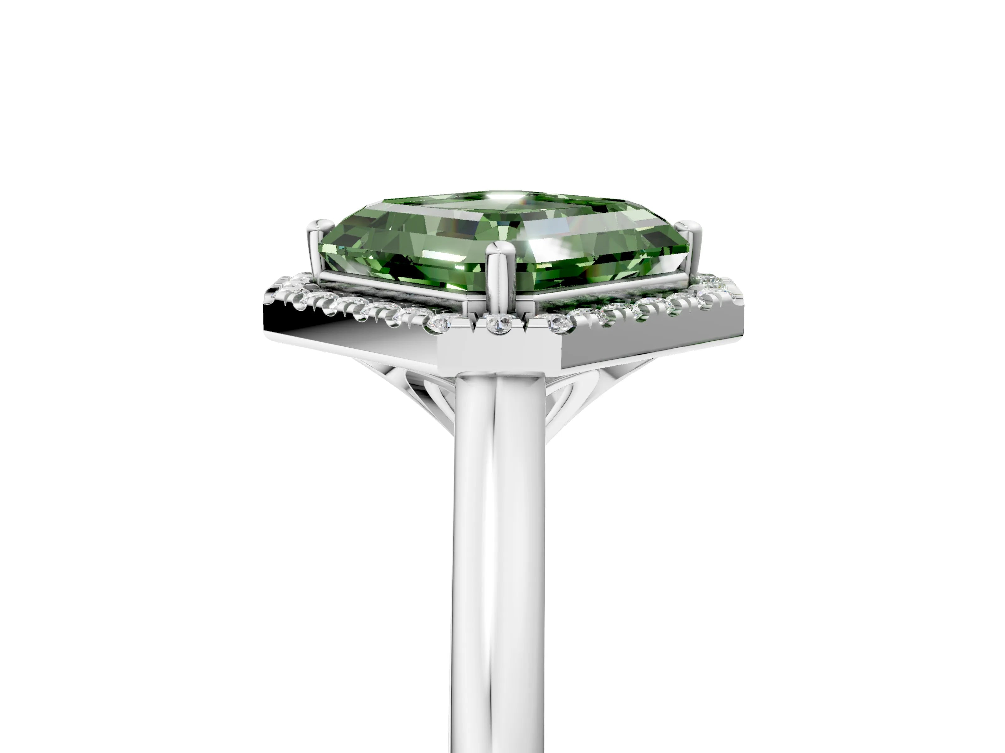 White gold Fancy Green Asscher Cut Halo Round Diamond Solitaire Engagement Ring with Pave Band and Four-Prong Setting_29