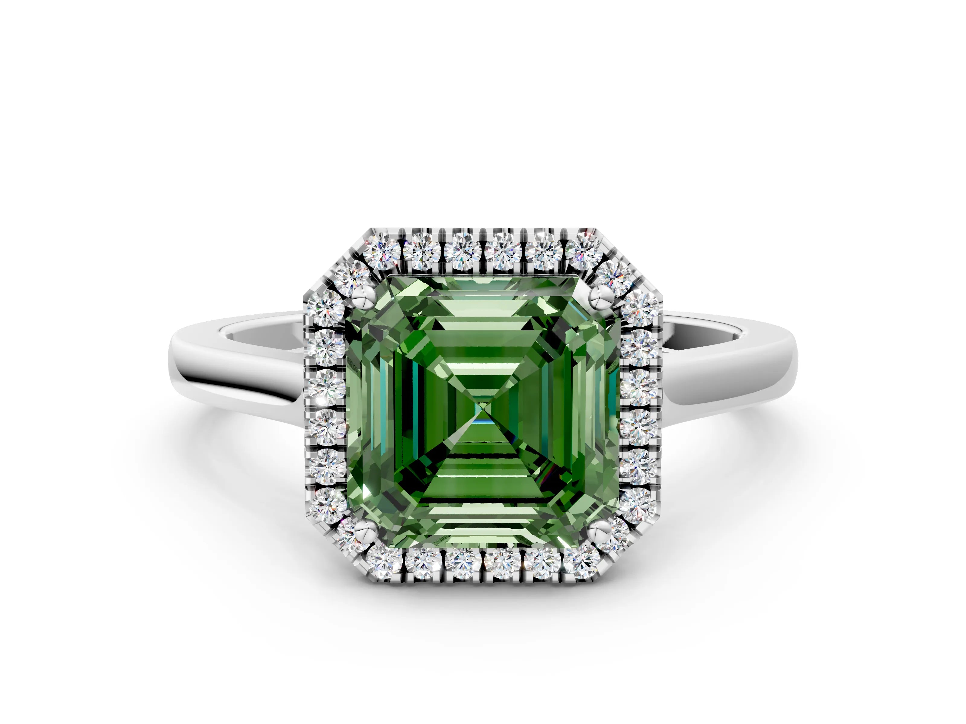 White gold Fancy Green Asscher Cut Halo Round Diamond Solitaire Ring with Pavé Band and Four-Prong Setting