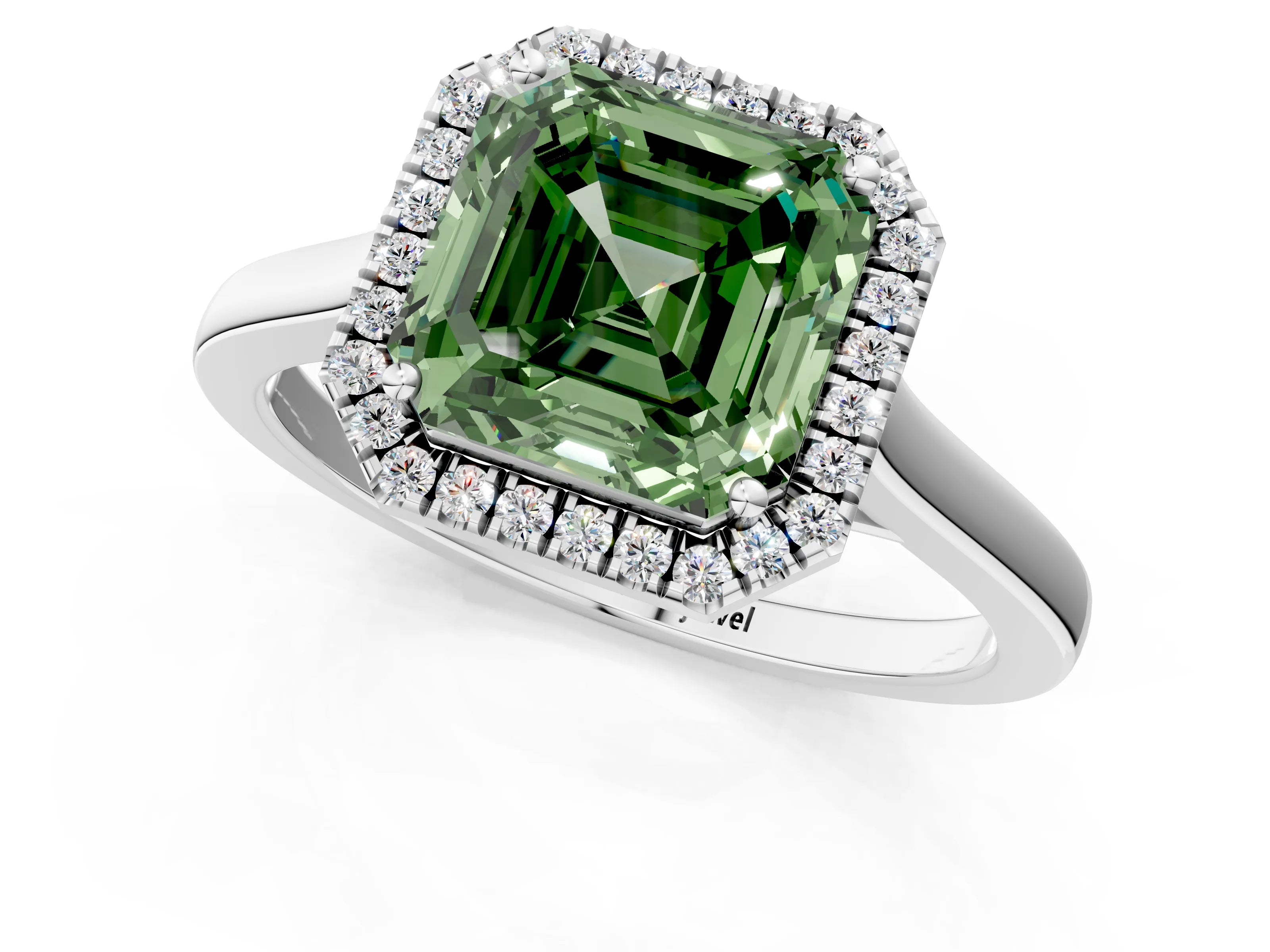 White gold Fancy Green Asscher Cut Halo Round Diamond Solitaire Ring with Pavé Band and Four-Prong Setting_1