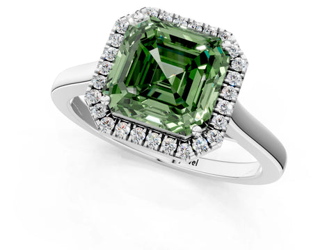 White gold Fancy Green Asscher Cut Halo Round Diamond Solitaire Ring with Pavé Band and Four-Prong Setting_1